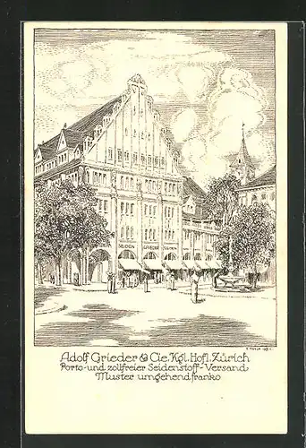 Künstler-AK Zürich, Seidenstoff-Versand Adolf Grieder & Cie