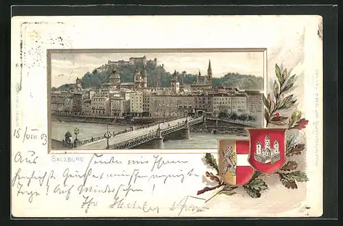 Passepartout-Lithographie Salzburg, Flusspartie mit Zentrum, Wappen