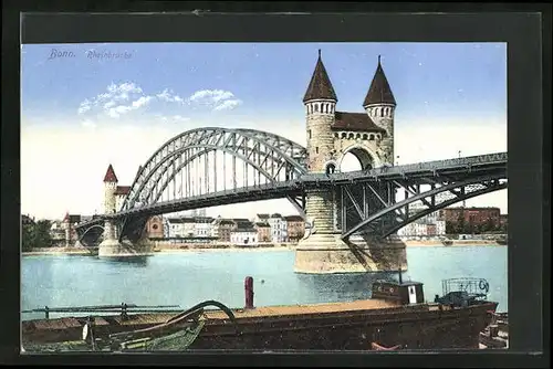 AK Bonn, Rheinbrücke mit angelegtem Schiff
