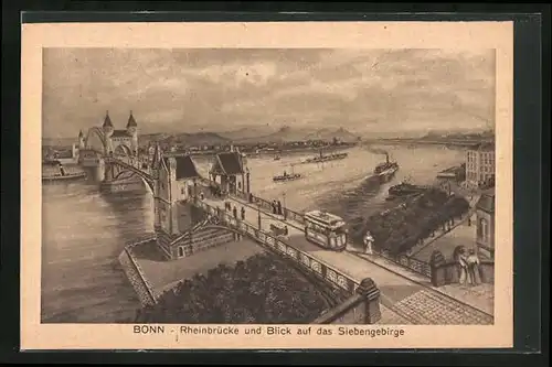 Künstler-AK Bonn, Rheinbrücke mit Strassenbahn