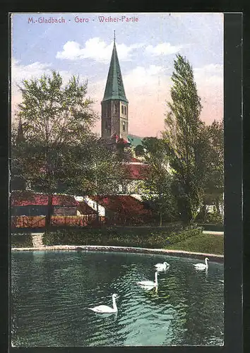 AK Mönchengladbach, Geroweiher mit Schwänen und Münsterkirche