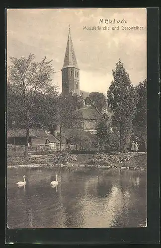 AK Mönchengladbach, Geroweiher mit Schwänen und Münsterkirche
