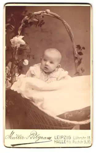 Fotografie Müller Pilgram, Leipzig, Löhrstraasse 11, Portrait Kleinkind im Kleid liegt in einem Weidenkorb