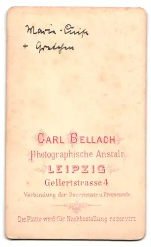 Fotografie Carl Bellach, Leipzig, Gellertstrasse 4, Portrait Marie-Luise und Gretchen in Kleidern im Atelier