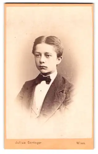 Fotografie Julius Gertinger, Wien, Margarethenstrasse 28, Portrait junger Knabe im Anzug mit Fliege und Mittelscheitel