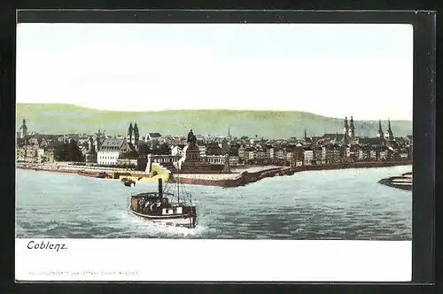 AK Koblenz, Teilansicht mit Dampfboot