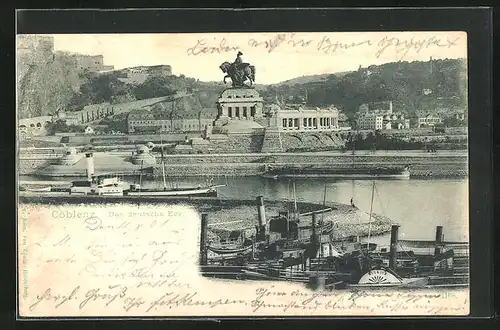 AK Koblenz, Das deutsche Eck mit Denkmal und Dampfer Neuwied