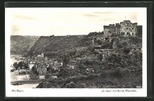 AK St. Goar am Rhein, Teilansicht mit Burg Rheinfels