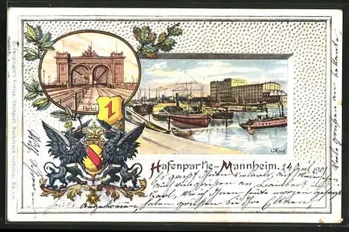 Passepartout-Lithographie Mannheim, Hafenpartie mit Rheinbrücke, Wappen