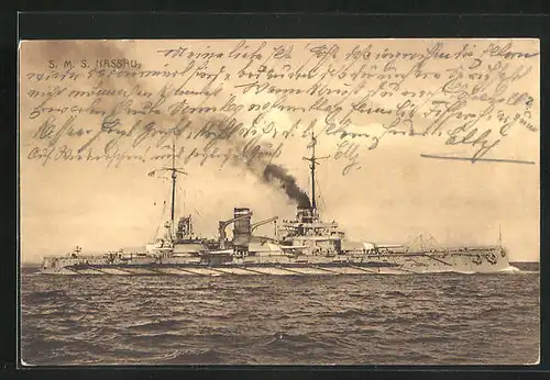 AK Kriegsschiff SMS Nassau bei voller Fahrt