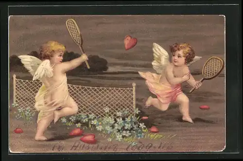 Präge-AK Amor und Englein spielen Tennis