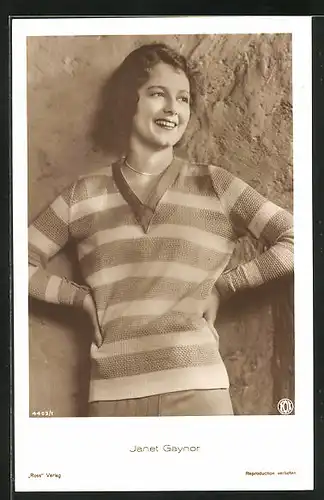 AK Schauspielerin Janet Gaynor im gestreiften Strickpullover