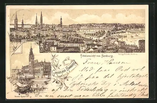 Vorläufer-Lithographie Hamburg, 1895, Totalansicht, Neues Rathaus
