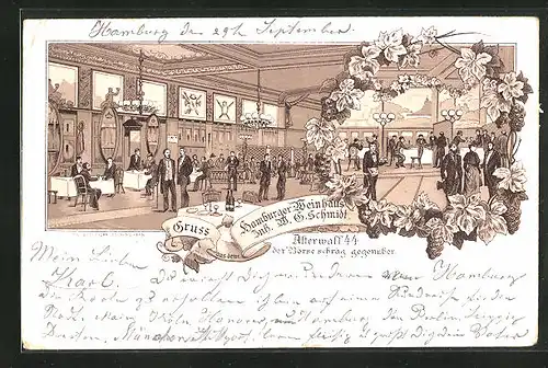 Lithographie Hamburg, Gasthaus Hamburger Weinhaus, Alsterwall 44, Innenansicht