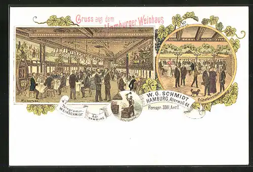 Lithographie Hamburg, Gasthaus Hamburger Weinhaus, Alsterwall 44, Innenansicht Frühstücksraum