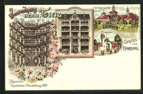 Lithographie Hamburg, Warenhaus Herm. Tietz, Gr. Burstah 12-14-16, Haupt-Ausstellungs-Gebäude, Millerntor
