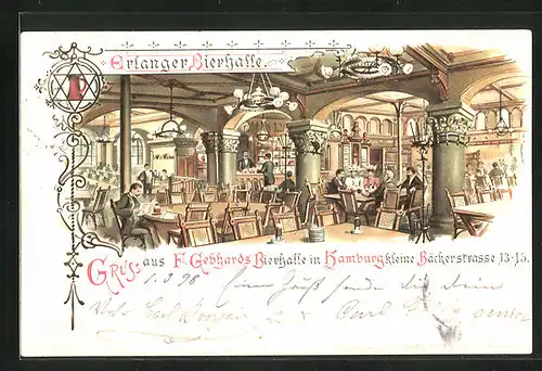 Lithographie Hamburg, Gasthaus Erlanger Bierhalle, Kleine Bäckerstrasse 13-15, Innenansicht