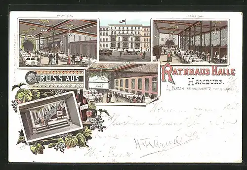 Lithographie Hamburg, Gasthaus Rathaus Halle, Rathausmarkt 2, Innenansichten oberer Saal, Glas Halle und Hauptsaal