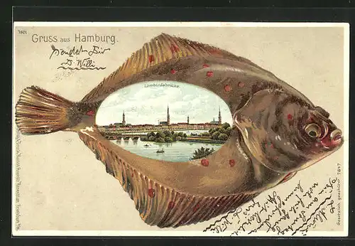 Passepartout-Lithographie Hamburg, Lombardsbrücke in einem Fisch