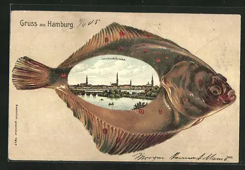 Passepartout-Lithographie Hamburg, Lombardsbrücke in einem Fisch