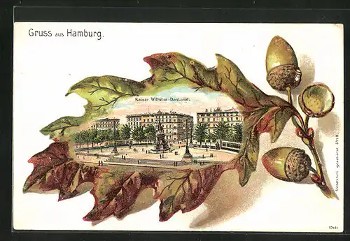 Passepartout-Lithographie Hamburg, Kaiser Wilhelm-Denkmal im Eichenblatt