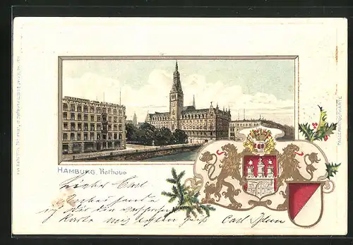 Passepartout-Lithographie Hamburg, Rathaus mit Wappen