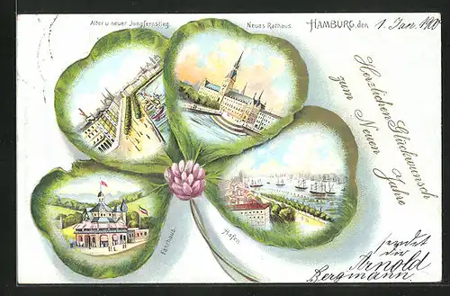 Passepartout-Lithographie Hamburg, Gasthaus Fährhaus, Neues Rathaus und Hafen im Kleeblatt