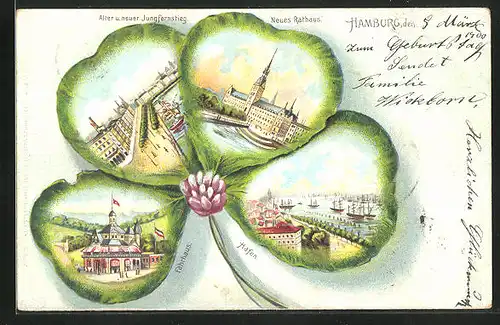 Passepartout-Lithographie Hamburg, Gasthaus Fährhaus, Neues Rathaus und Hafen im Kleeblatt