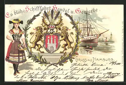 Glitzer-Lithographie Hamburg, Es blühe Schifffahrt, Handel und Gewerbe, Hamburgerin, Löwen mit Wappen, Segelschiff