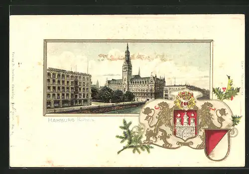 Passepartout-Lithographie Hamburg, Rathaus und Stadtwappen