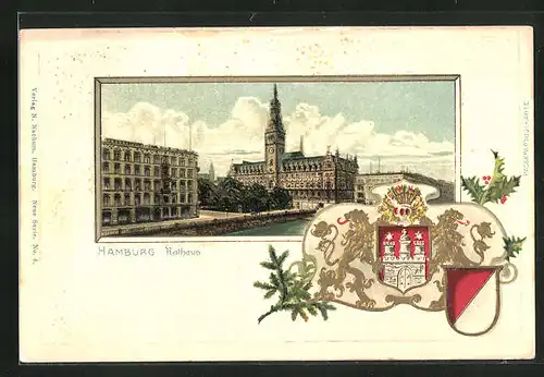 Passepartout-Lithographie Hamburg, Rathaus und Stadtwappen