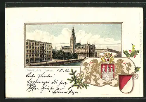 Passepartout-Lithographie Hamburg, Rathaus und Stadtwappen