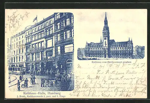 AK Hamburg, Rathaus vom Etablissement gesehen, Rathaushalle v. J. Brath, Rathausmarkt 2