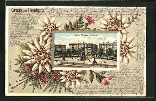 Passepartout-Lithographie Hamburg, Blick zum Kaiser Wilhelm Denkmal