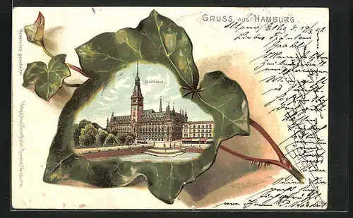 Passepartout-Lithographie Hamburg, Blick zum Rathaus, Eichenblatt