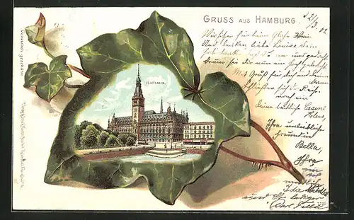 Passepartout-Lithographie Hamburg, Blick zum Rathaus, Eichenblatt