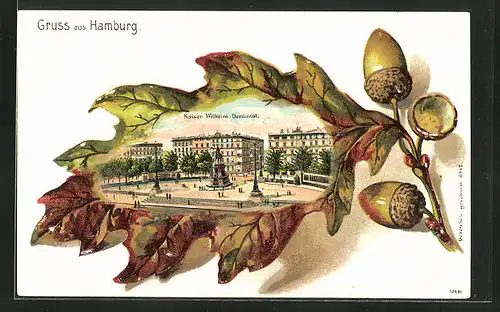 Passepartout-Lithographie Hamburg, Am Kaiser Wilhelm Denkmal, Eichenblatt
