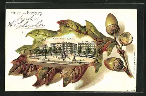 Passepartout-Lithographie Hamburg, Am Kaiser Wilhelm Denkmal, Eichenblatt