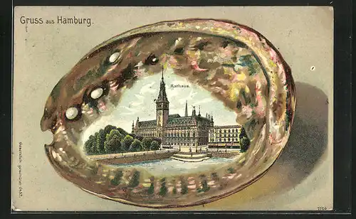 Passepartout-Lithographie Hamburg, Vor dem Rathaus, Muschel