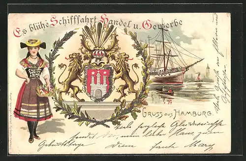 Lithographie Hamburg, Segelschiff im Hafen, Wappen & Vierländerin mit Blumenkorb
