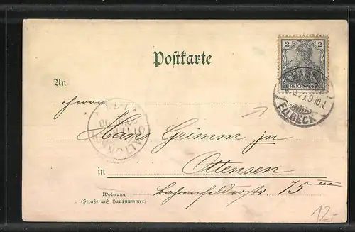 Lithographie Hamburg, Segelschiff im Hafen, Wappen & Vierländerin mit Blumenkorb