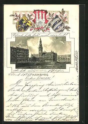 Passepartout-Lithographie Hamburg, Blick zum Rathaus & Wappen