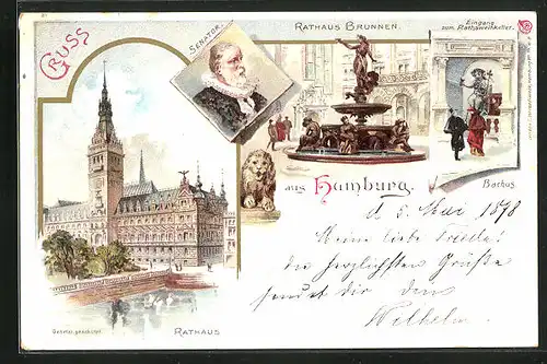 Lithographie Hamburg, Gasthaus Rathsweinkeller, Rathaus-Brunnen