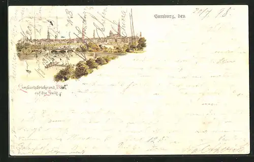 Lithographie Hamburg, Lombardsbrücke und Blick auf die Stadt