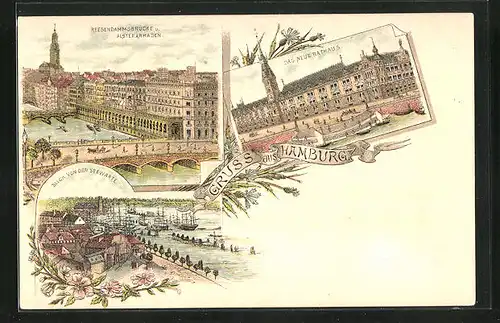 Lithographie Hamburg, Neues Rathaus, Reesendammsbrücke und Alsterarkaden