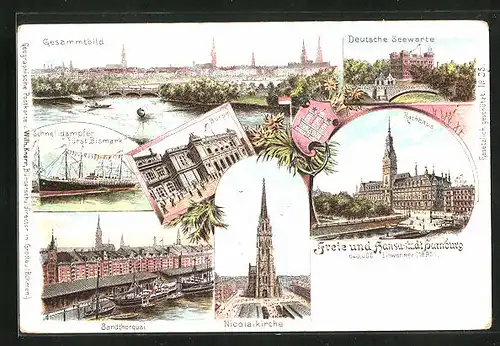 Lithographie Hamburg, Rathaus, Sandthorquai, Dampfer Fürst Bismarck