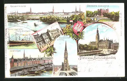 Lithographie Hamburg, Rathaus, Deutsche Seewarte, Börse