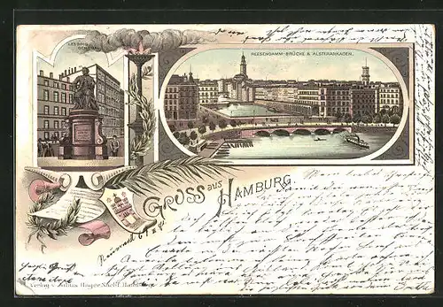 Lithographie Hamburg, Reesendamm-Brücke und Alsterarkaden, Lessing-Denkmal
