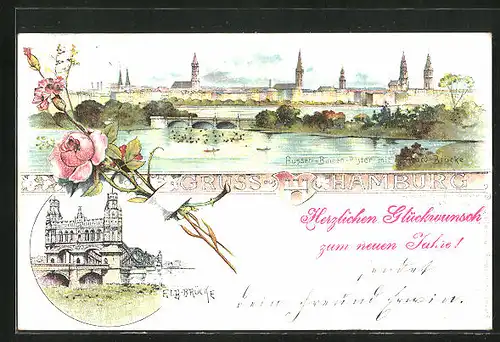 Lithographie Hamburg, Aussen- und Binnen-Alster mit Lombards-Brücke, Elb-Brücke