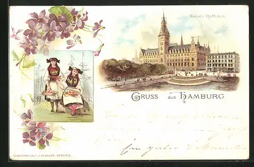 Lithographie Hamburg, Neues Rathaus, Hamburgerinnen in Tracht